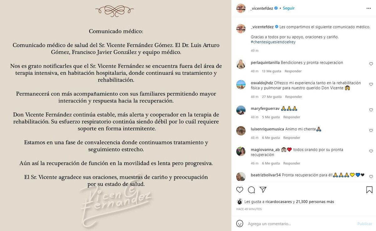 Confirman que Vicente Fernández ya no está en terapia intensiva