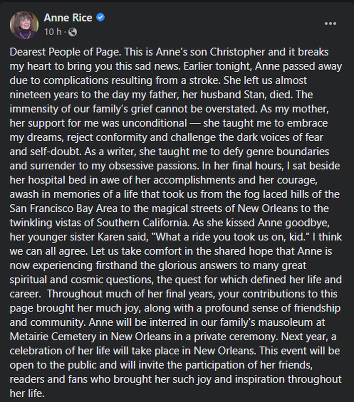 Comunicado muerte Anne Rice