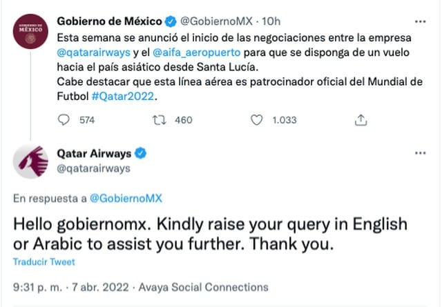 Tuits de respuesta de la cuenta de Qatar Airways/Twitter