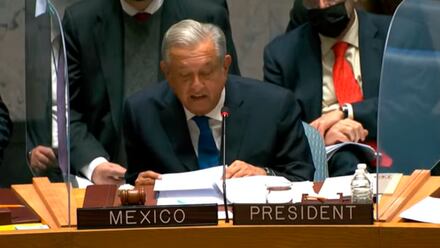 Captura de video de AMLO en su discurso del Consejo de Seguridad de la ONU