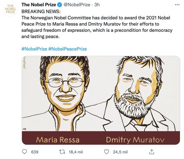 Premio Nobel de la Paz 2021 lo ganan los periodistas María Ressa y Dmitry  Muratov