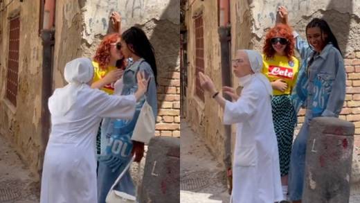 VIDEO: Monja ve a 2 mujeres darse un beso y las separa
