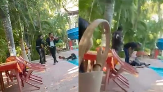 VIDEO: Mariachi se cae en la alberca en plena chamba y todas las tomas están en TikTok