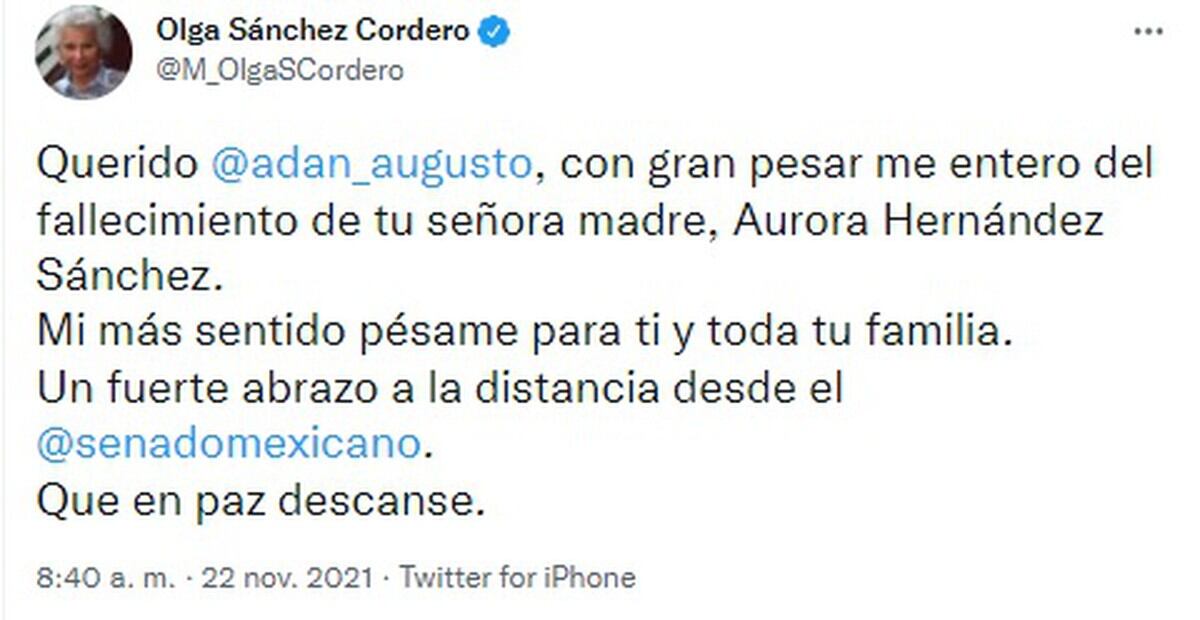 Tuit de Olga Sánchez Cordero