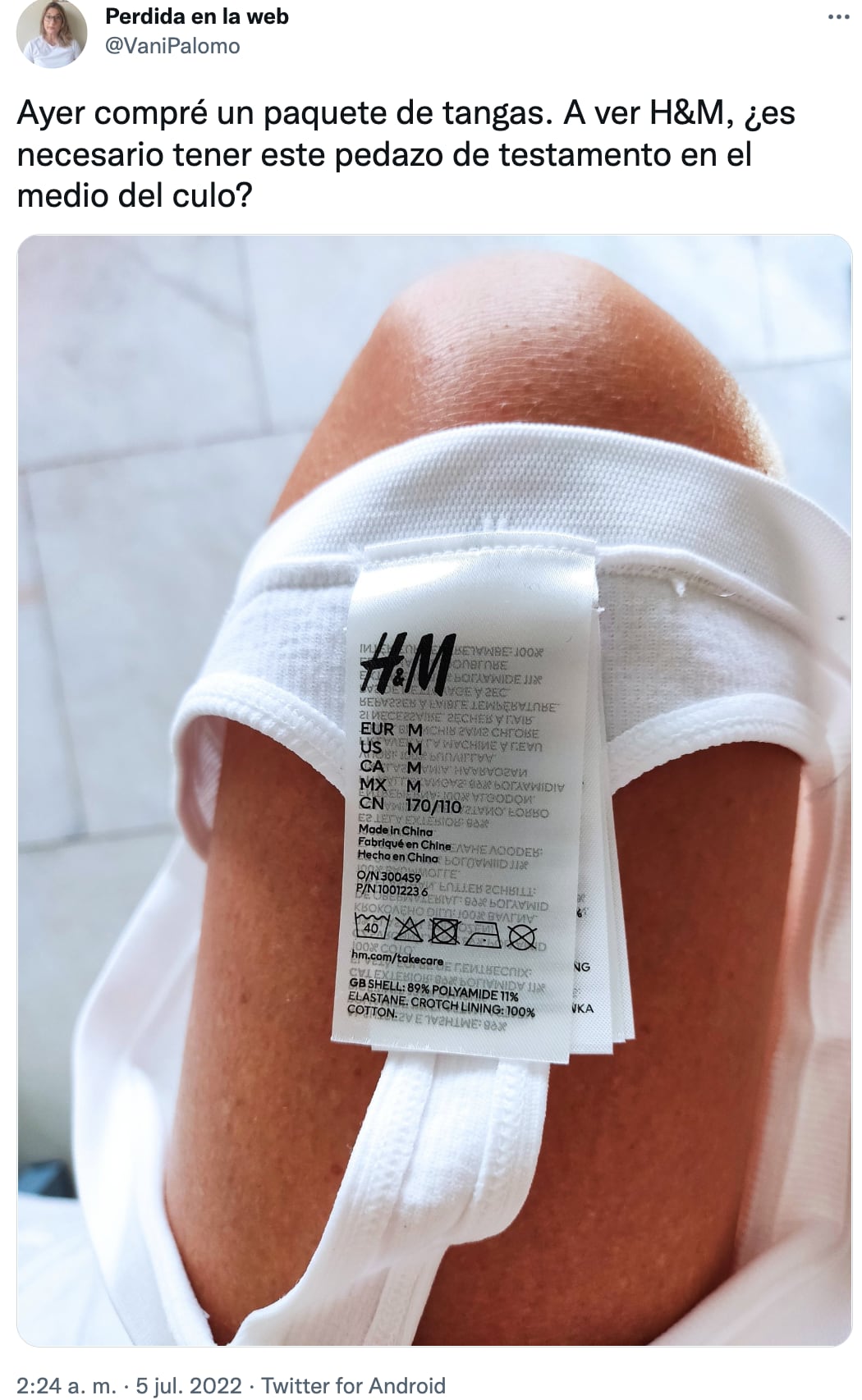 Reclamó a H&M por las etiquetas en una tanga y el hilo de marcas generan