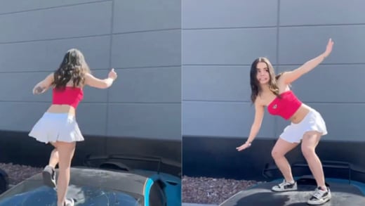 VIDEO: Destroza un auto de lujo por hacer un baile viral y hasta ella supo que la regó