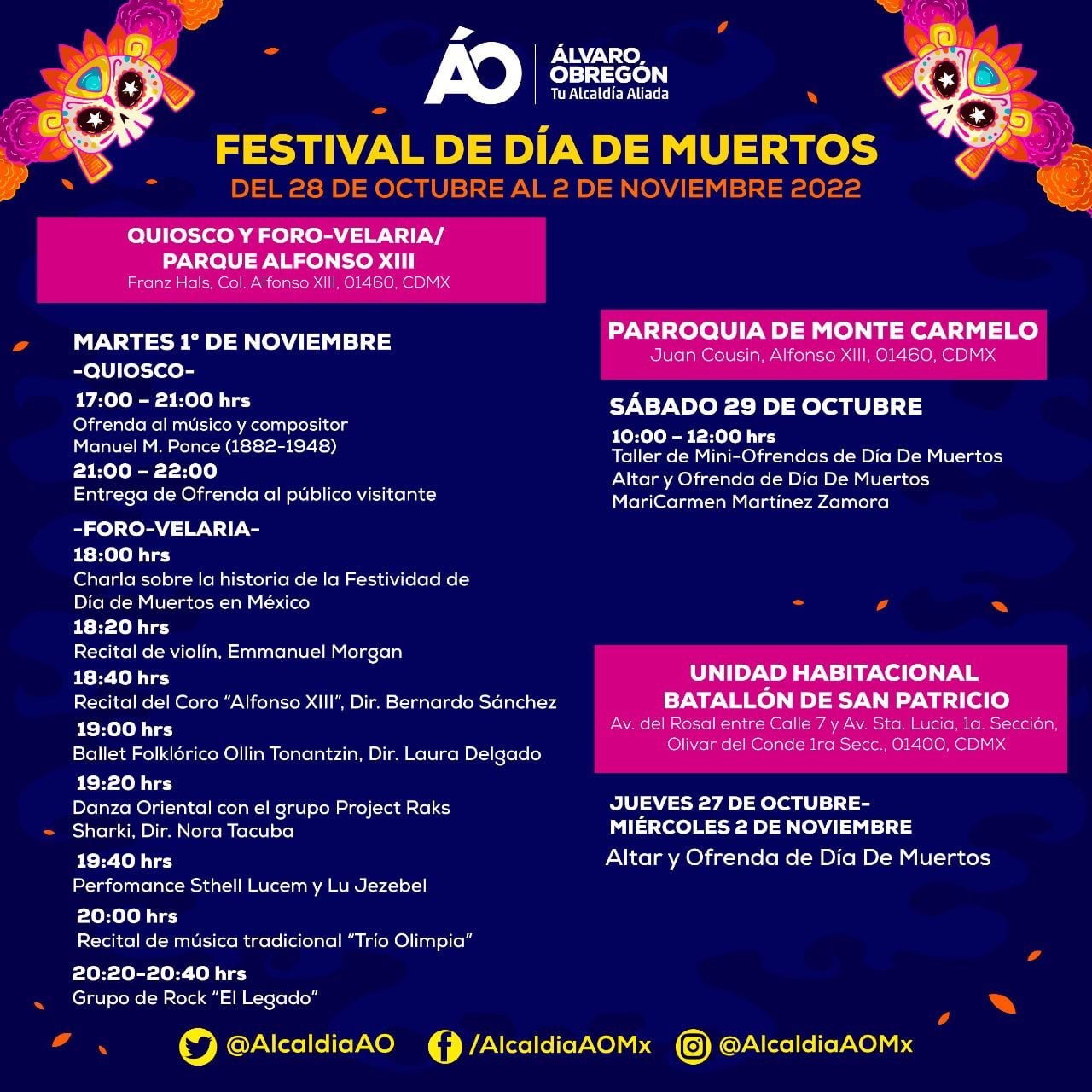 Cartelera cultural en Álvaro Obregón por el Día de Muertos 2022
