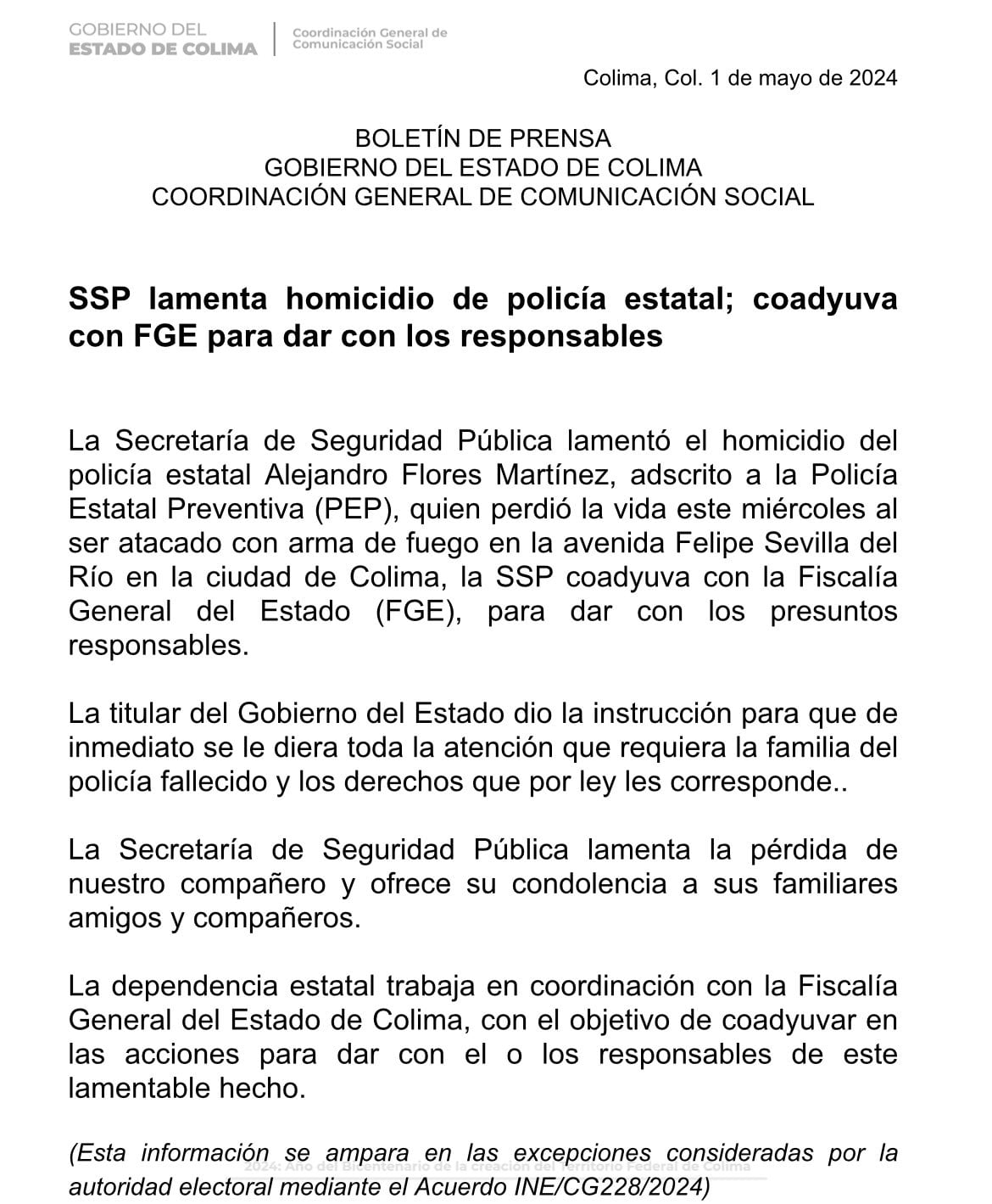Comunicado de SSP por muerte de policía de Colima
