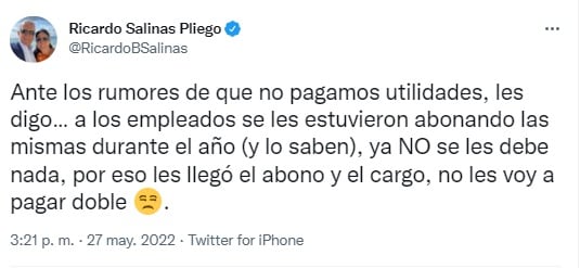 Ricardo Salinas Pliego sobre el pago de utilidades