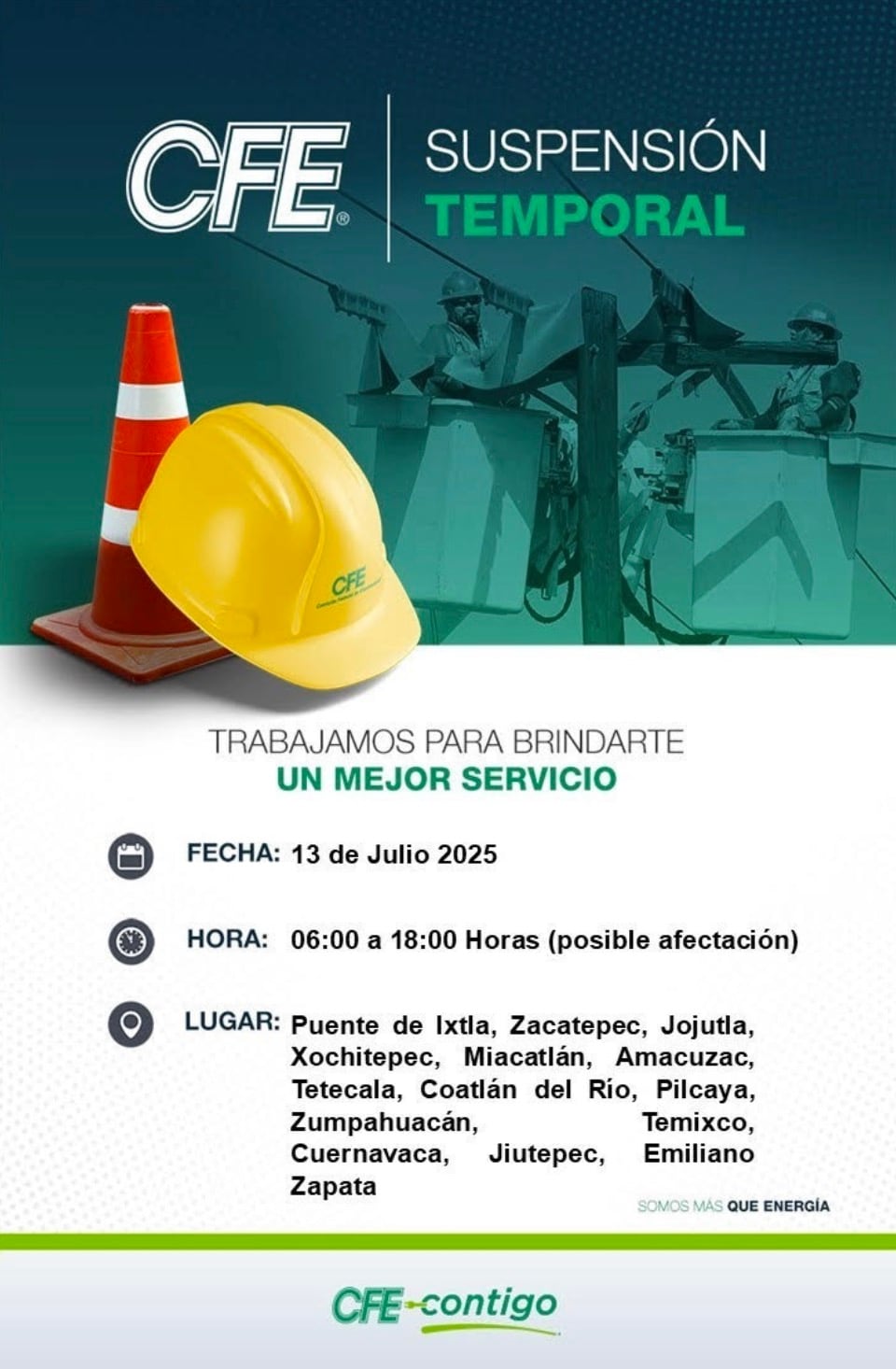 Comunicado CFE sobre suspensión temporal de servicio en Morelos y Guerrero