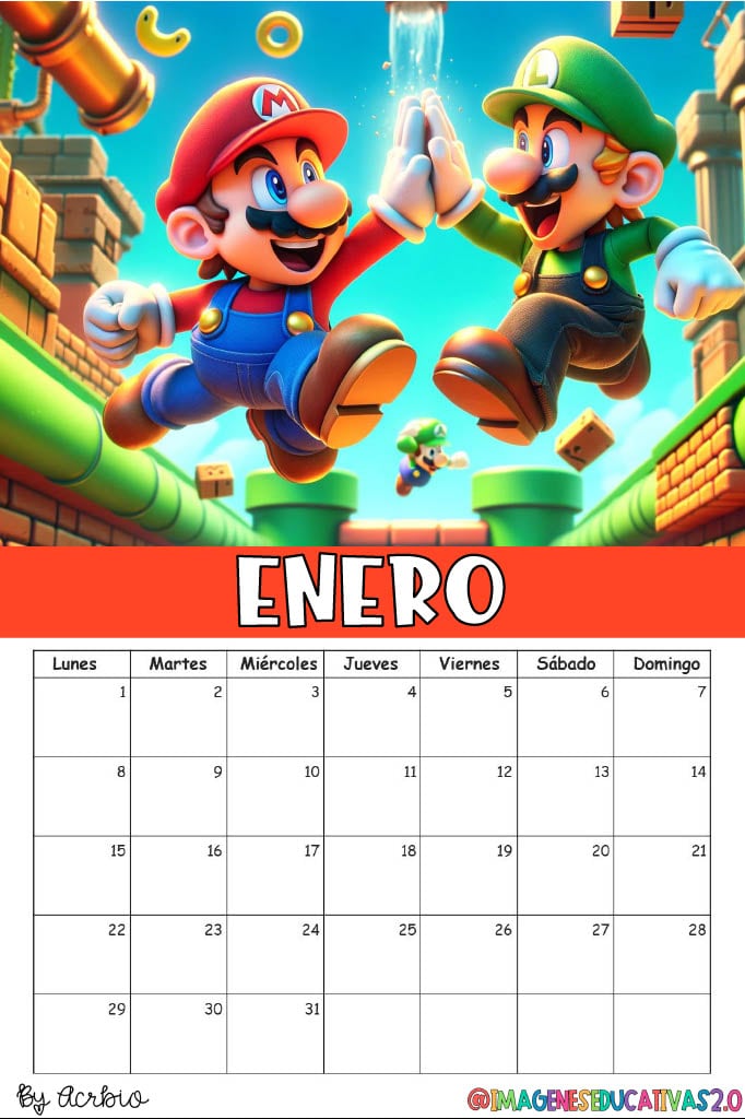 Calendario de Mario Bros 2024: Plantilla para editar e imprimir