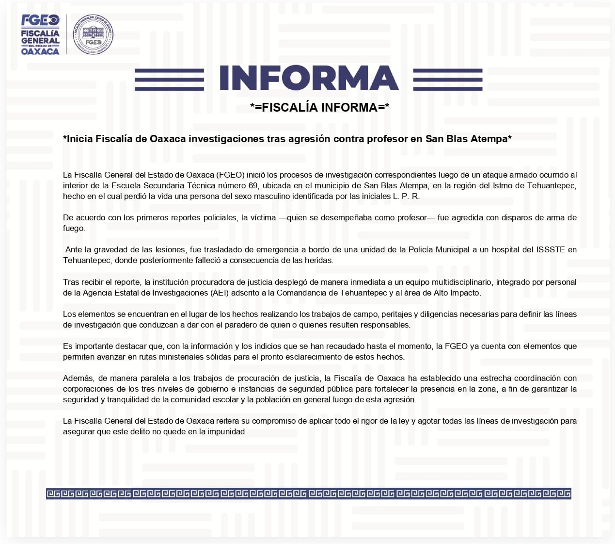 Fiscalía de Oaxaca investiga ataque armado en secundaria de San Blas Atempa; un profesor murió