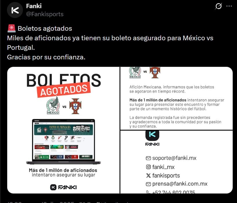 Fanki anuncia “boletos agotados” para el México vs Portugal