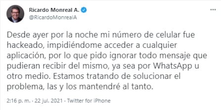 Denuncia Ricardo Monreal hackeo