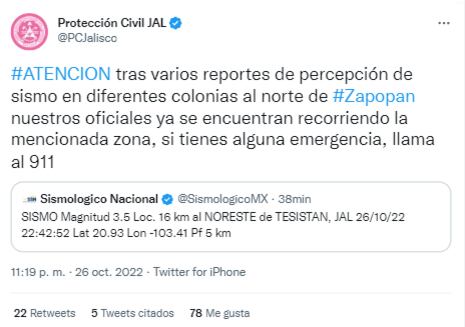 Protección Civil Jalisco se pronuncia ante sismo de hoy; se encuentra recorriendo Zapopan