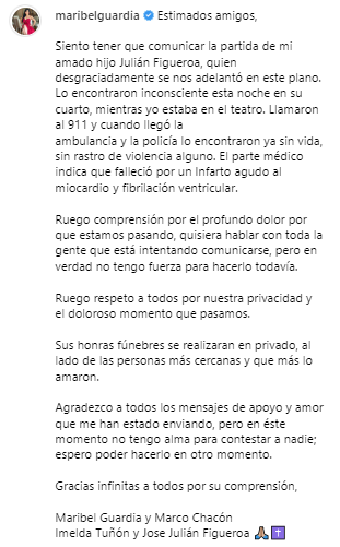 Maribel Guardia aclara la muerte de su hijo Julián Figueroa.