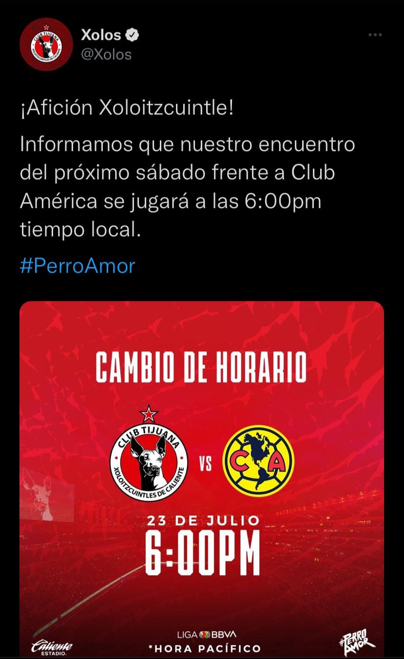 El Club Tijuana anunció el cambio de horario de su partido frente al Club América.