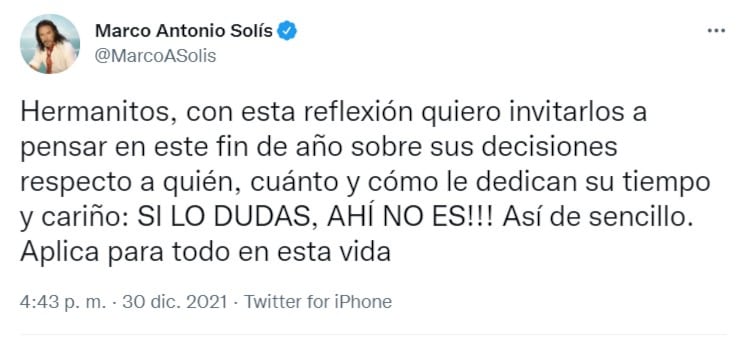 Marco Antonio Solís pide a las personas reflexionar sobre las personas que tienen en su vida