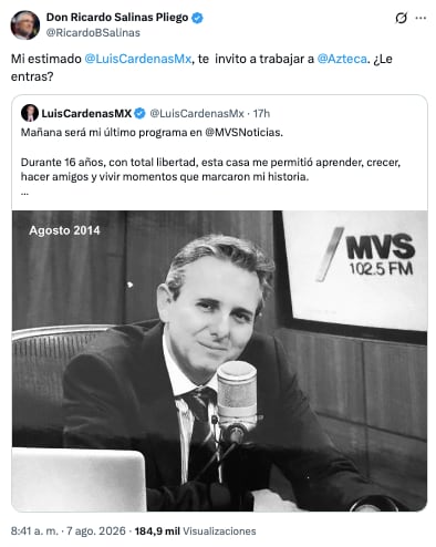 Ricardo Salinas Pliego invita a trabajar a Luis Cárdenas a TV Azteca