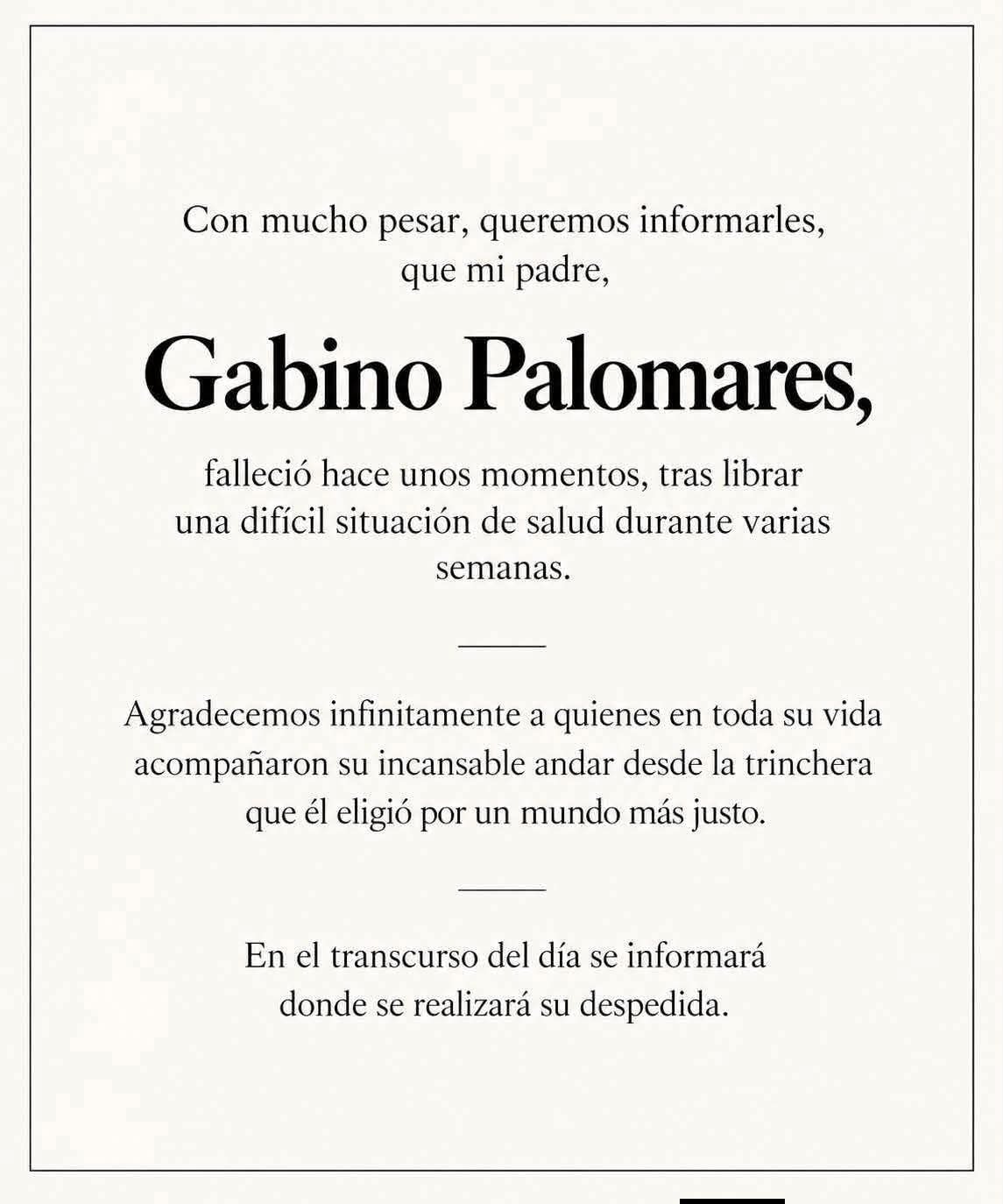 Comunicado de la familia de Gabino Palomares tras su muerte