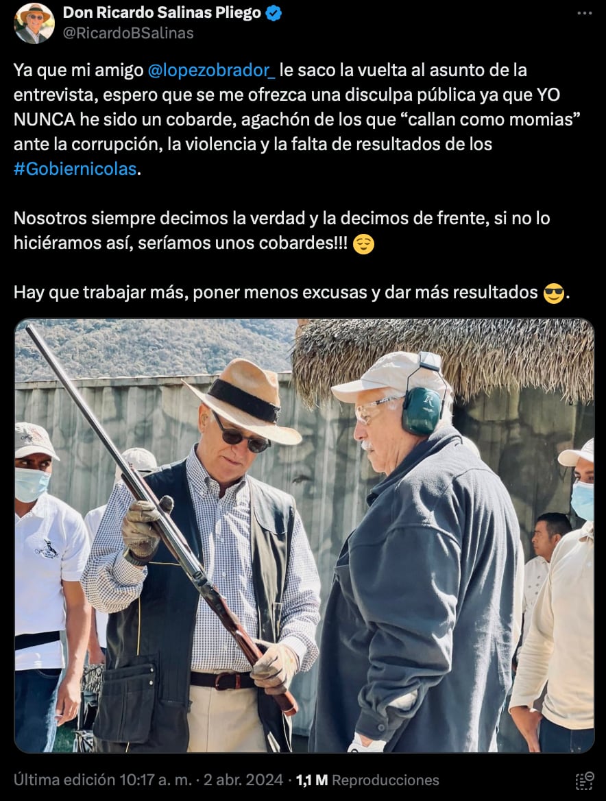 Publicación de Ricardo Salinas Pliego en X