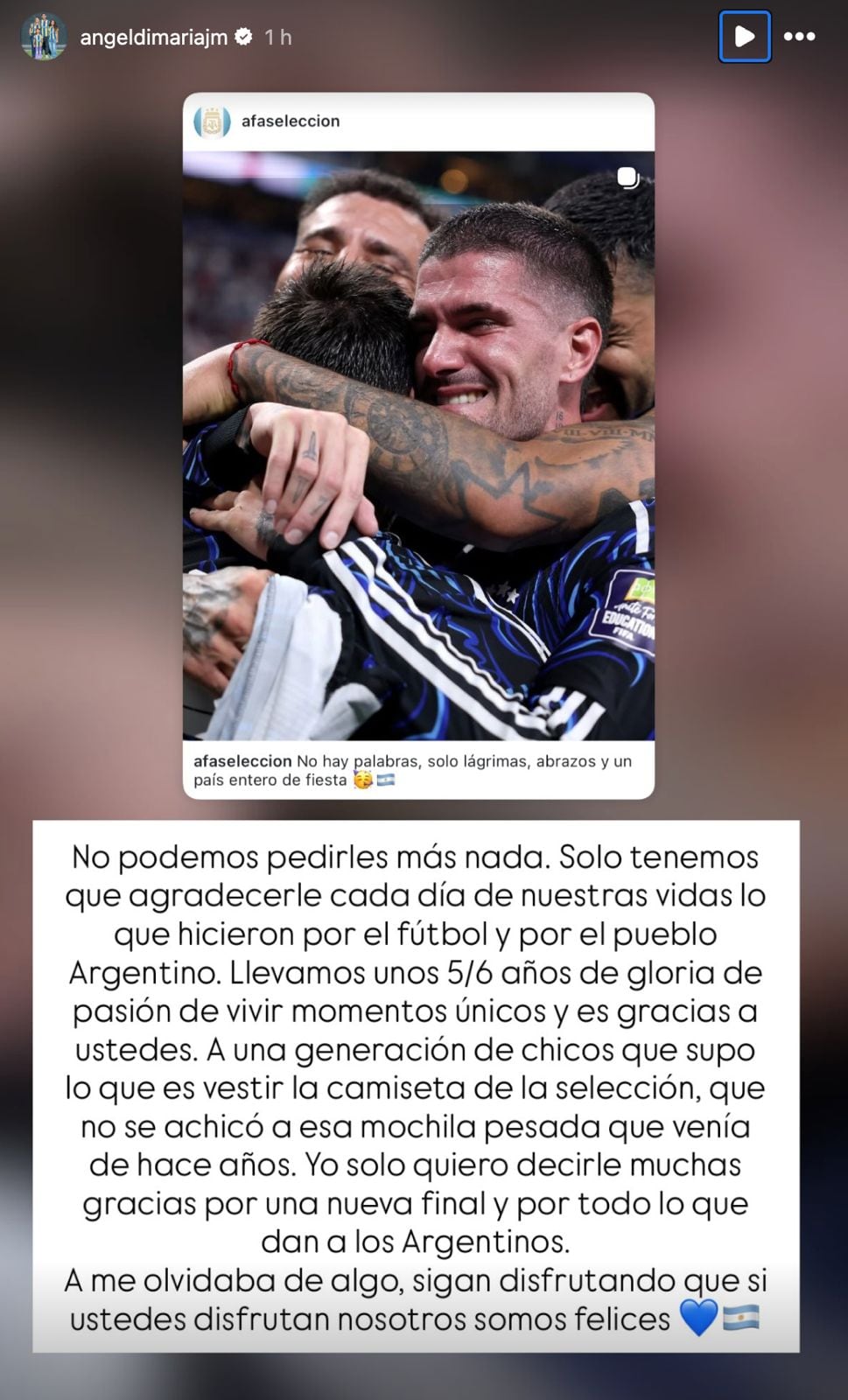 Ángel Di María agradece a Argentina por llegar a la final del Mundial 2026.