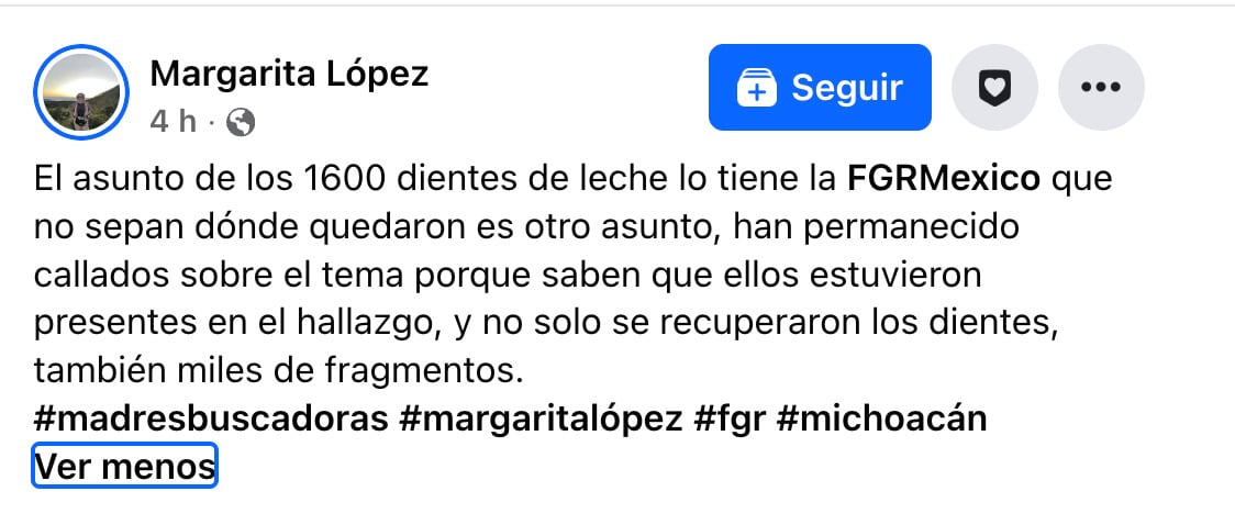 Margarita López reclama silencio de la FGR sobre los mil 600 dientes hallados en Zacapu