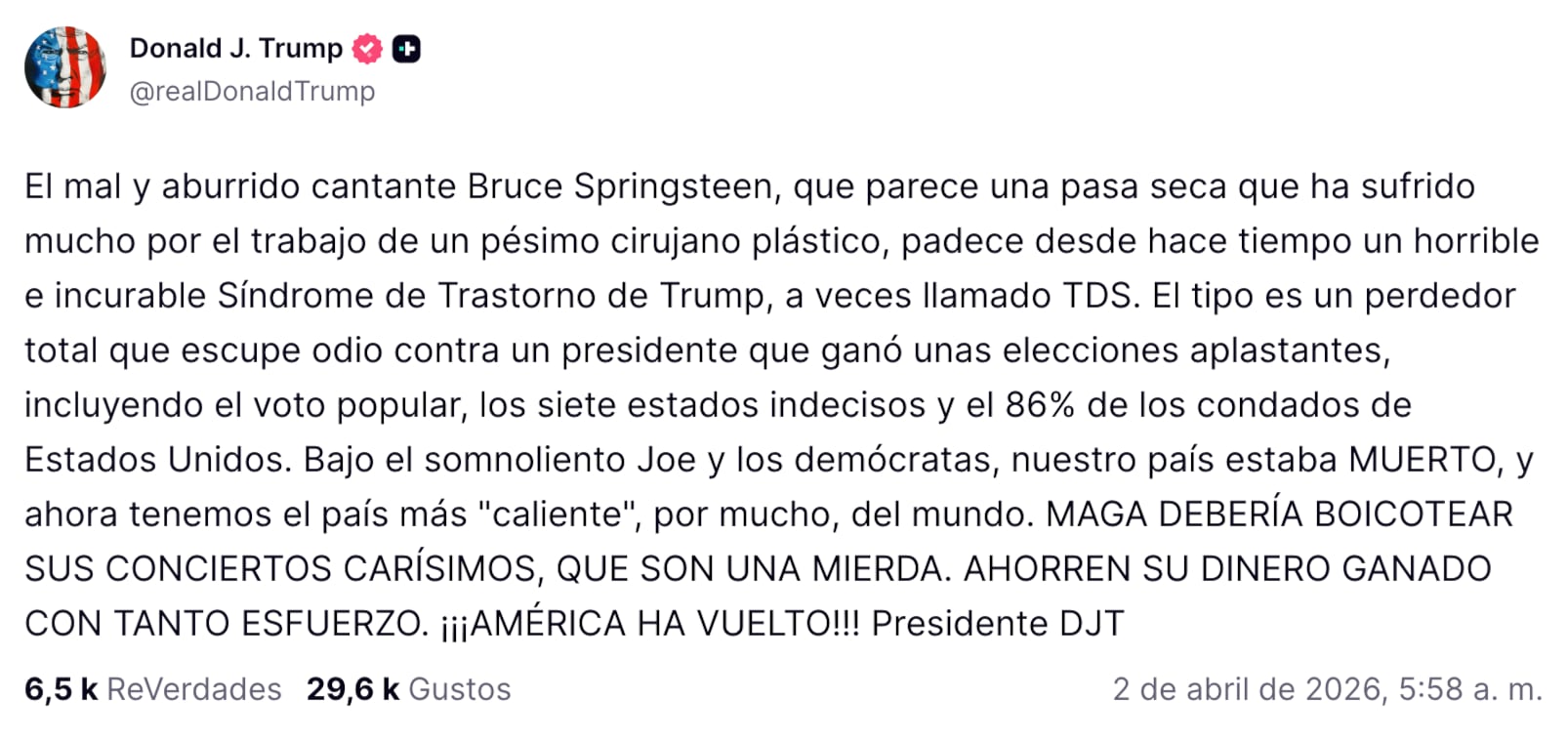Donald Trump lanza ataque contra el músico Bruce Spreensteen y llama a un boicot a sus conciertos