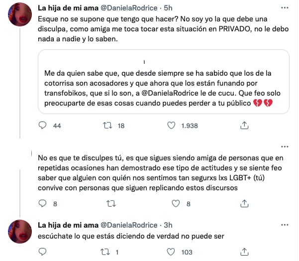 Exigen a Daniela Rodrice hablar de la transfobia de 'La Cotorrisa'.