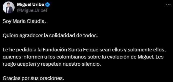 María Claudia Tarazona informa diagnóstico de Miguel Uribe Turbay