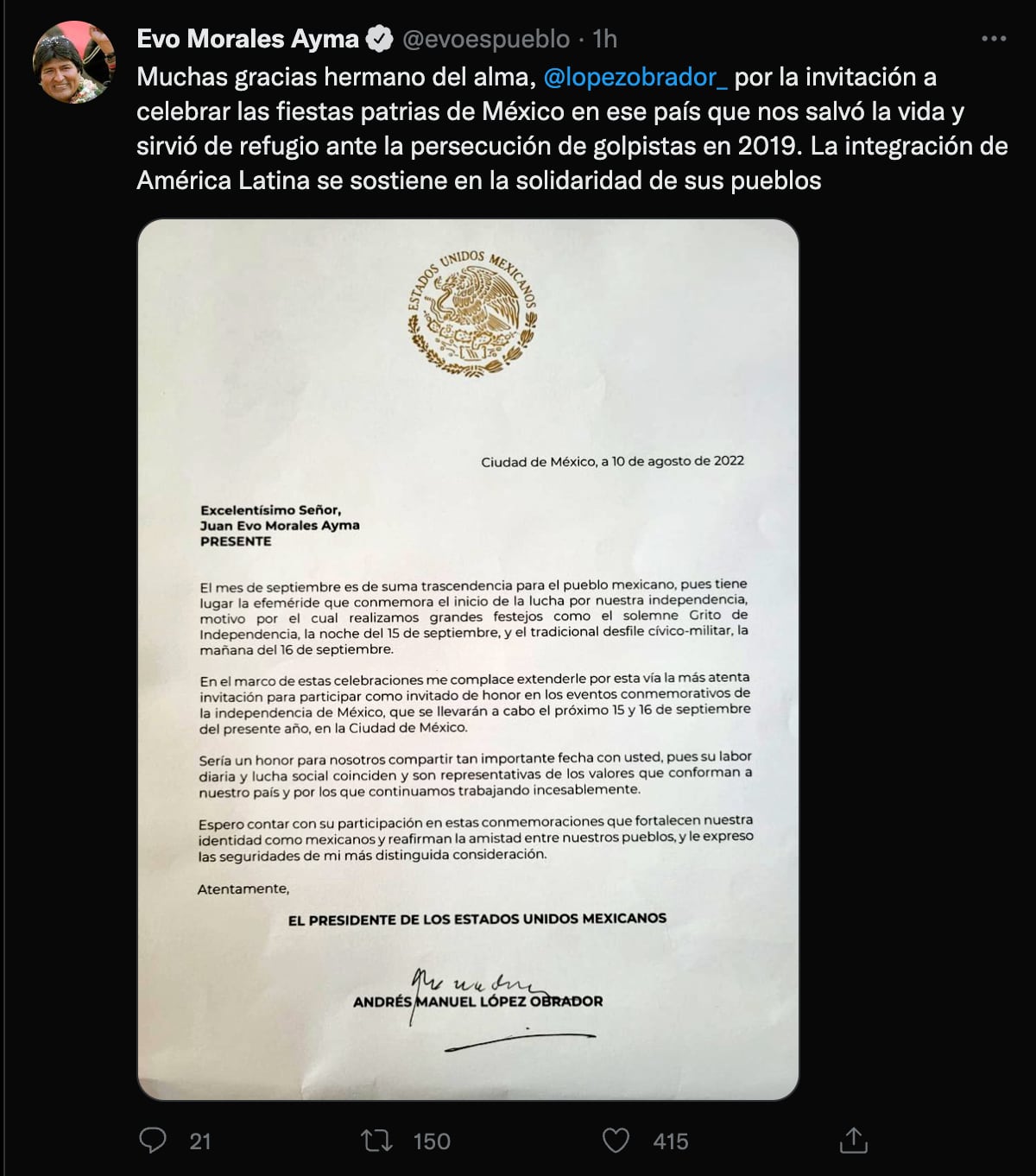 Se armó la fiesta: Evo Morales presume invitación de AMLO para ceremonia de El Grito el 15 de septiembre