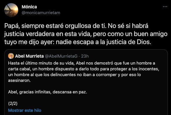 Mensaje de la hija de Abel Murrieta en Redes Sociales.