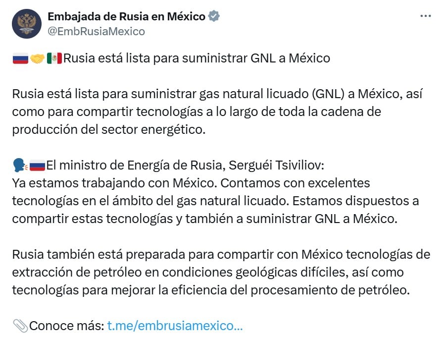 Rusia se dice listo para suministrar Gas Natural