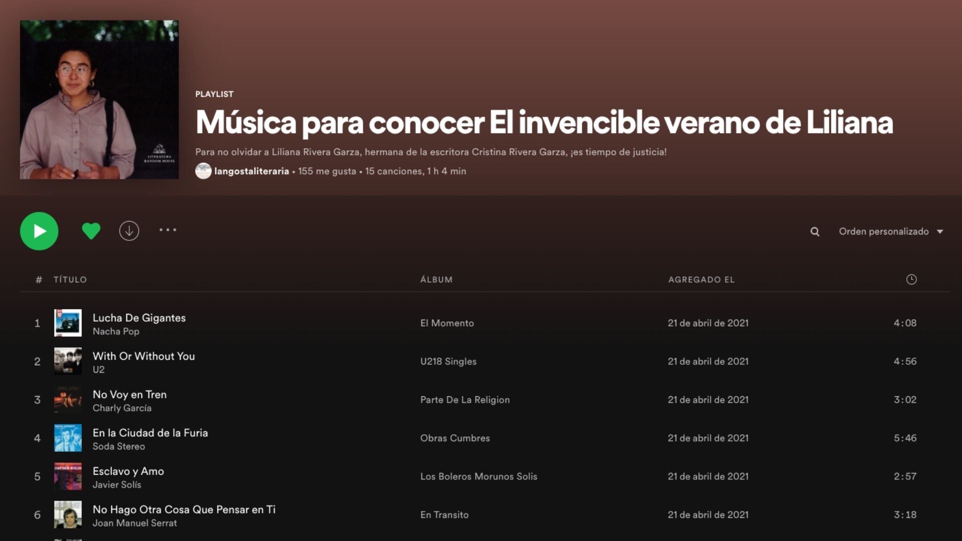 Playlist en Spotify con canciones favoritas de Liliana