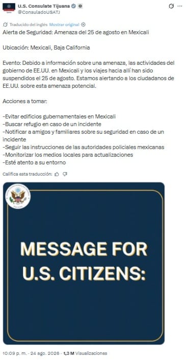 Estados Unidos emite alerta de viaje para Mexicali por amenaza; piden evitar edificios gubernamentales