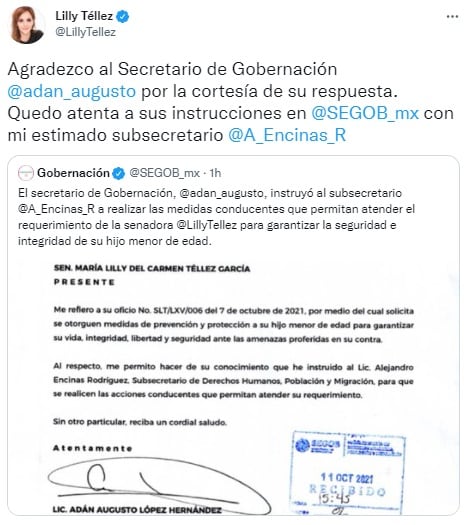 Lilly Téllez agradece respuesta positiva de Segob