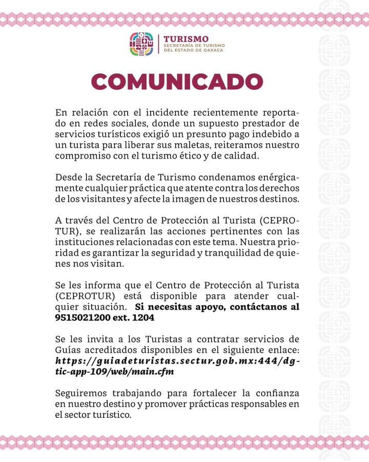 Sectur Oaxaca se pronuncia por extorsión de guía de turistas a visitantes