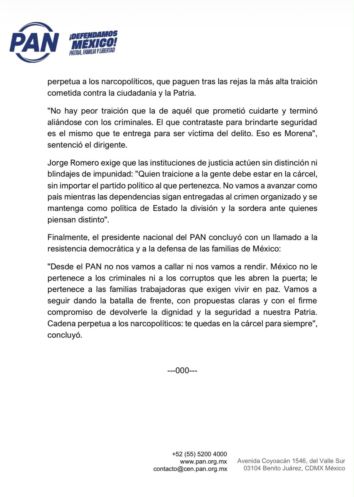 PAN pide a Gobierno Federal “abrir los ojos” y propone cadena perpetua a narcopolíticos
