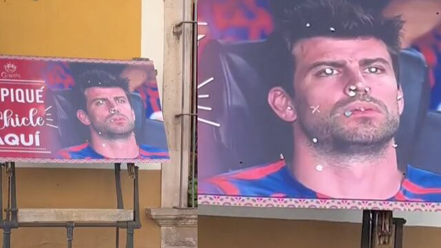 Cartel dice "salpiqué aqui" con la cara Gerard Piqué para tirar los chicles mascados