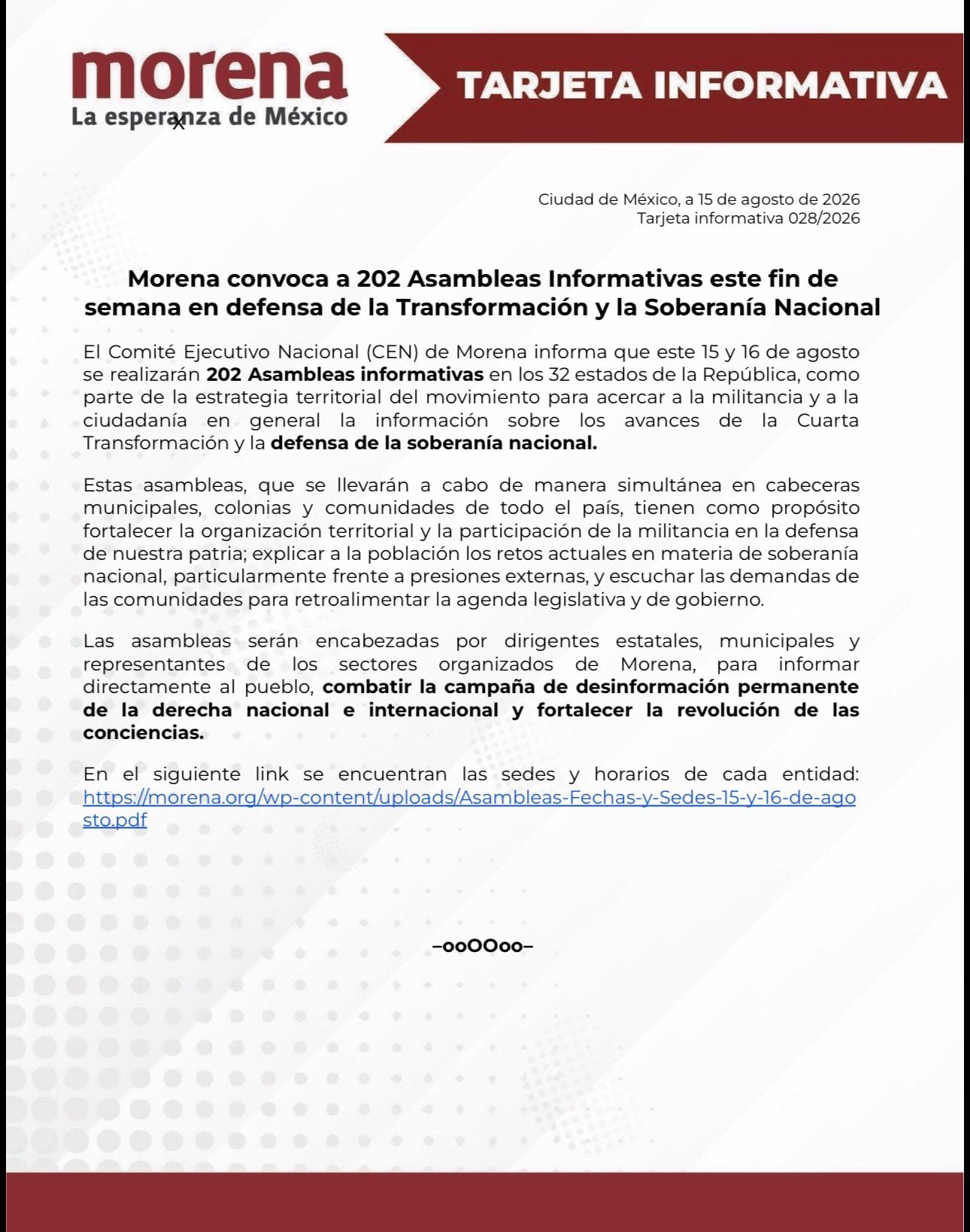 Morena convoca a asambleas informativas en defensa de la soberanía nacional