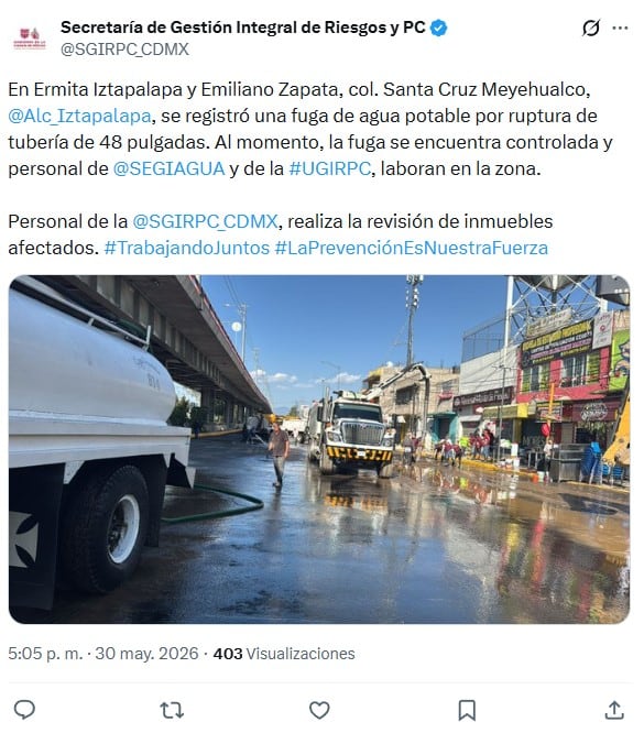 Mega fuga de agua en Iztapalapa