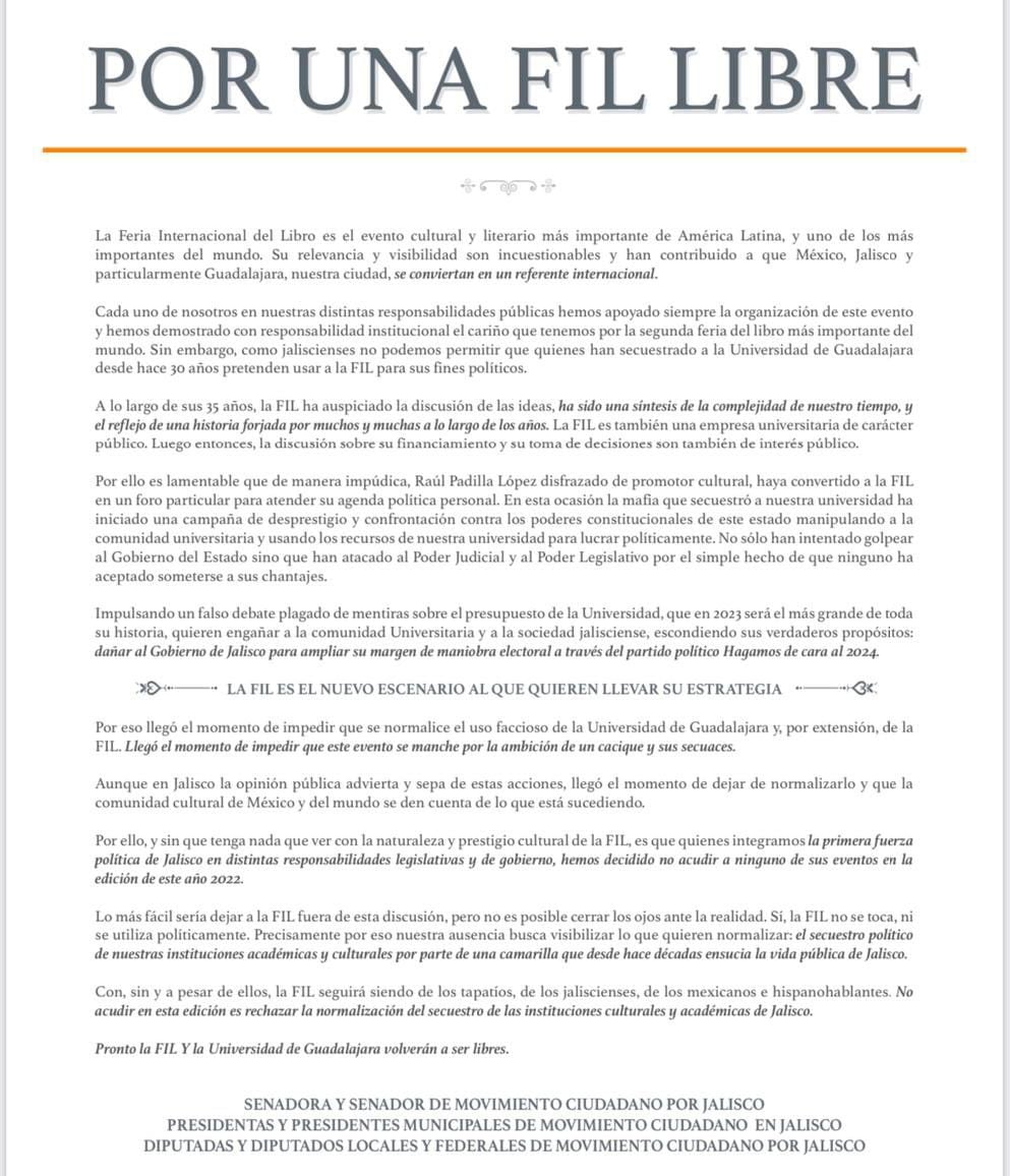 Movimiento Ciudadano anuncia que no irá a la FIL de Guadalajara