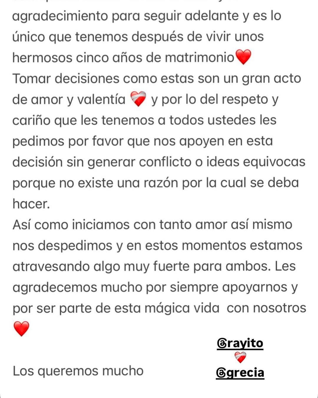 Rayito y Grecia confirman que tras 5 años de matrimonio se separan.
