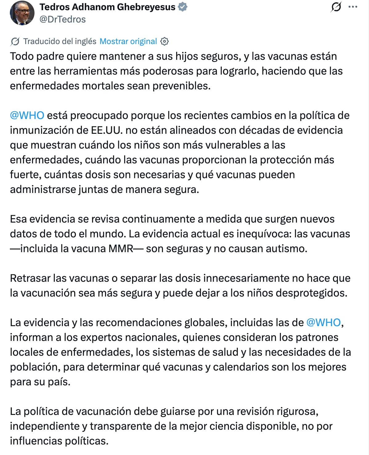 OMS expresa preocupación por cambios de vacunación en Estados Unidos