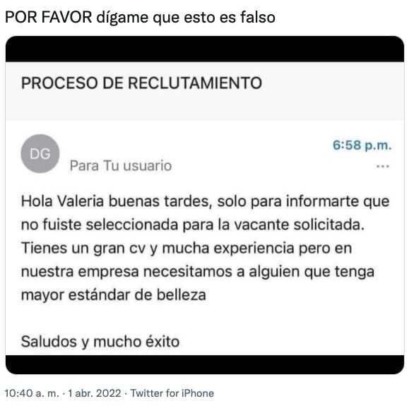 Empresa la rechaza por no cumplir los "estándares de belleza"