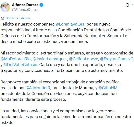 Lorenia Valles recibe felicitación de Alfonso Durazo tras su nombramiento en Sonora