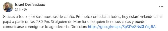 Hijo de Sergio DeFassio pide ayuda para recuperar las cosas de su papá en Morelia.
