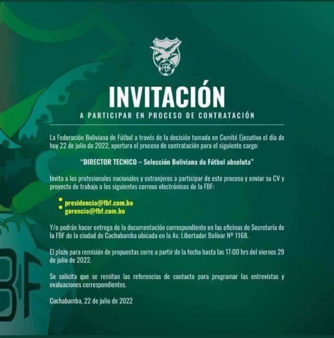 La Federación de Bolivia busca técnico.