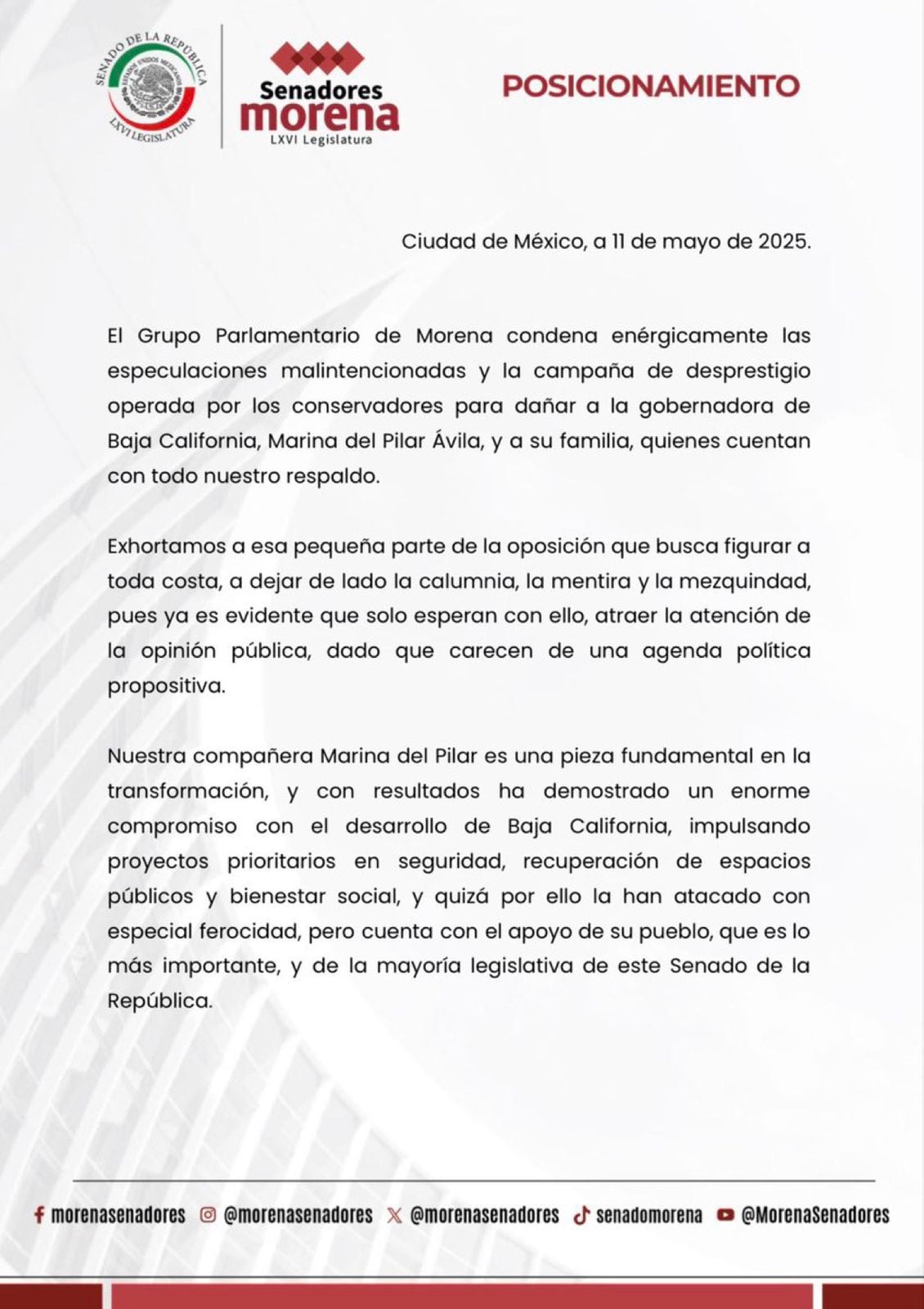 Posicionamiento de los Senadores de Morena sobre Marina del Pilar