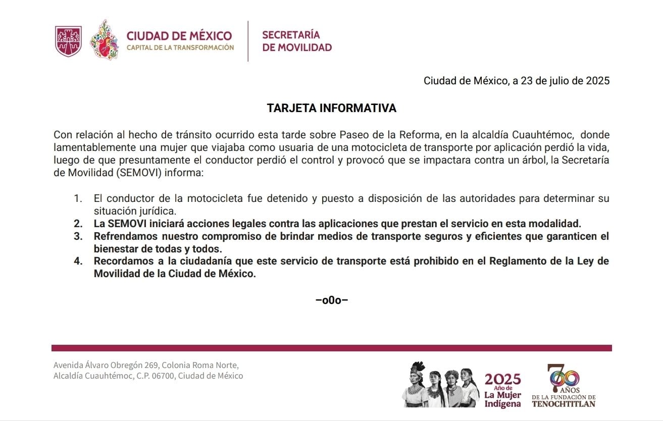 Semovi va contra DiDi Moto y Uber Moto tras muerte de usuaria; esto dice la ley